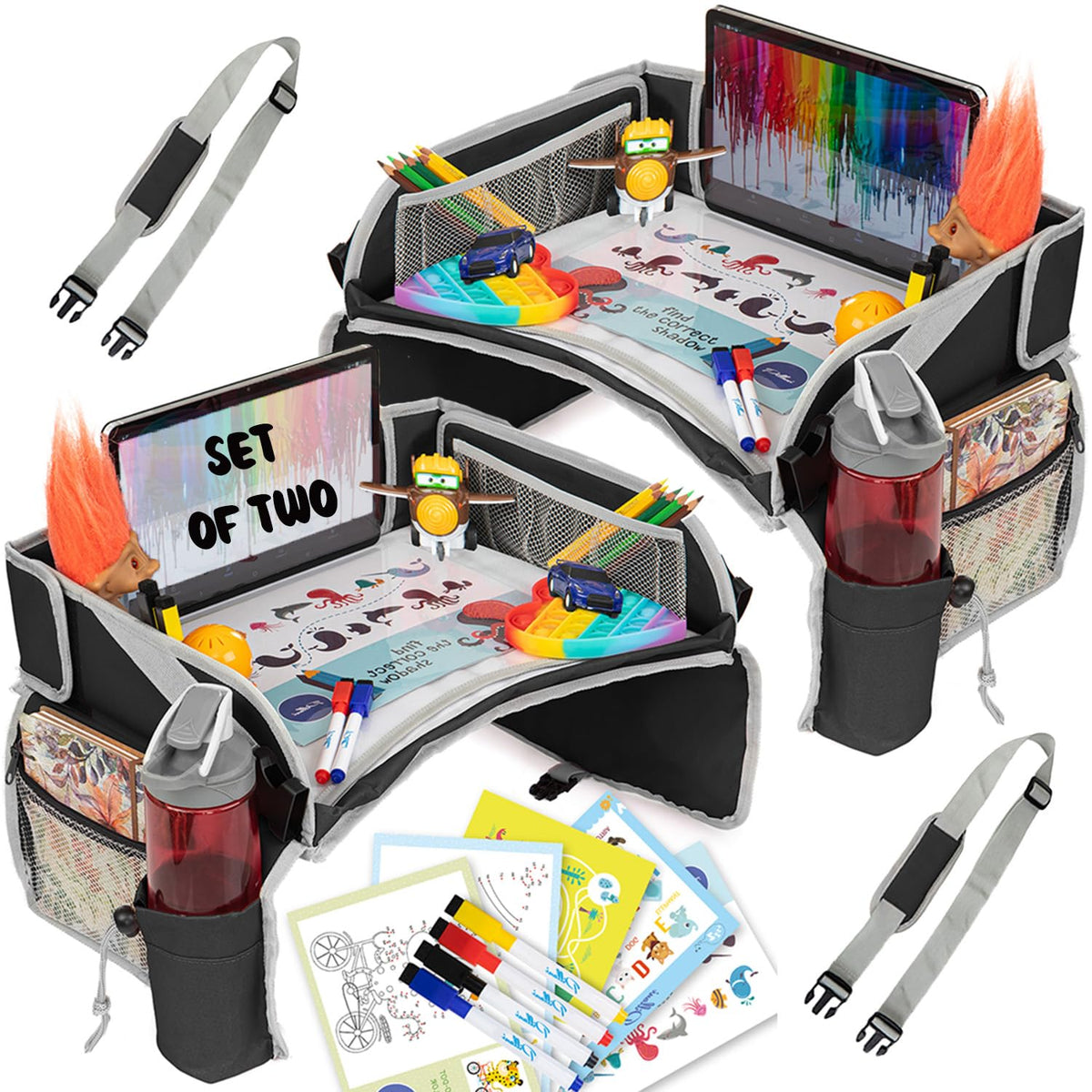 PILLANI Kids Travel Tray for Car - Carseat Tray w/iPad Holder & Dry Erase Board, Road Trip Essentials - Toddler Lap Desk Organizer for Airplane - Roadtrip Activities & Travel Essentials - Pack of 2