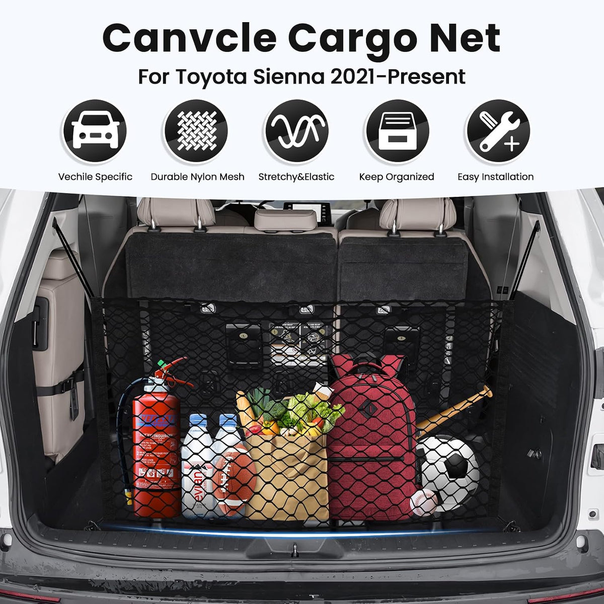 Canvcle Trunk Cargo Net for Toyota Sienna 2021-2025 2026 Accessories Envelope Style Mesh Trunk Net Organizer and Storage Stretchable Adjustable Elastic Nylon Rear Cargo Netting with Hooks
