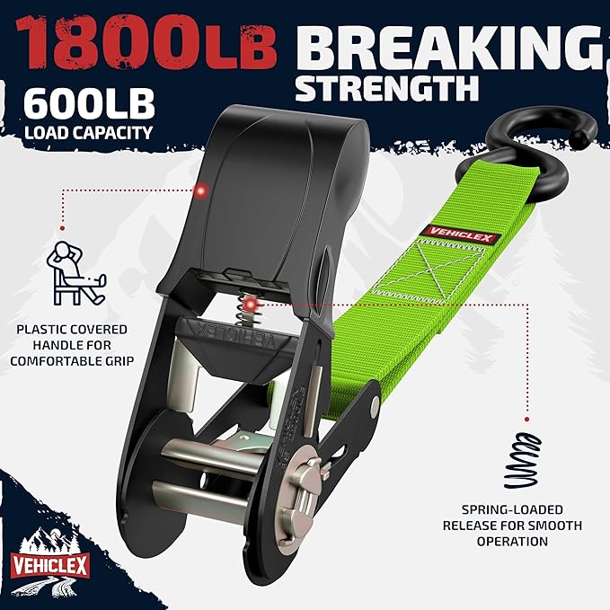 Ratchet Tie Down Straps (1,800 lbs Break Strength) - Vehiclex 15 Ft Versatile Straps for Powersports, Garage, and Outdoor Use - Soft Loops, Deep S-Hooks & Comfort Grip Handle (4 Pack, Green)