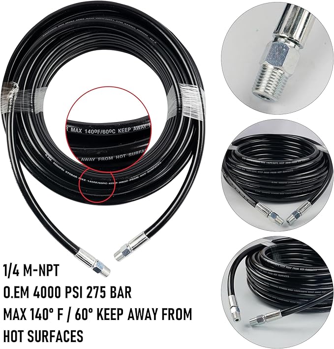 Hourleey Sewer Jetter Kit for Pressure Washer 150FT, Drain Cleaner Hose 1/4 Inch NPT, Orifice 4.0 Button Nose and Rotating Sewer Jetting Nozzle Spanner Tape Pearl Corsage Pin, 4000 PSI