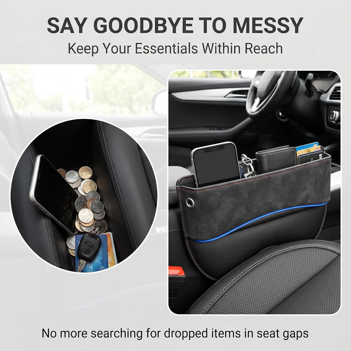 Car Seat Gap Filler Organizer, Suede Leather Auto Seat Crevice Storage Box, Vehicle Console Side Pocket Caddy for Phone Keys Coins Small Accessories Car Interior Organizer (Black)