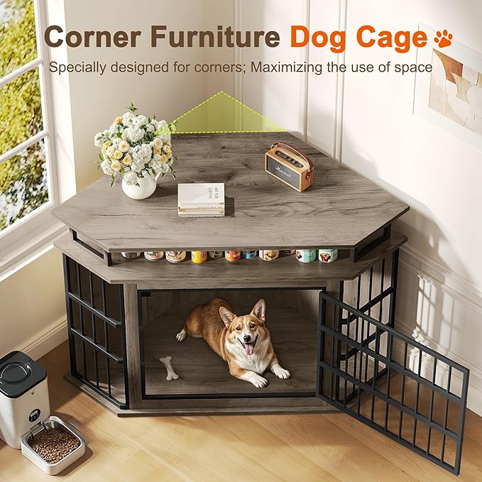 Corner Dog Crate Furniture with 2-Tier Shelves，51" Large Dog Kennel Indoor Wooden TV Stand, Modern Dog Cage Decorative Pet House