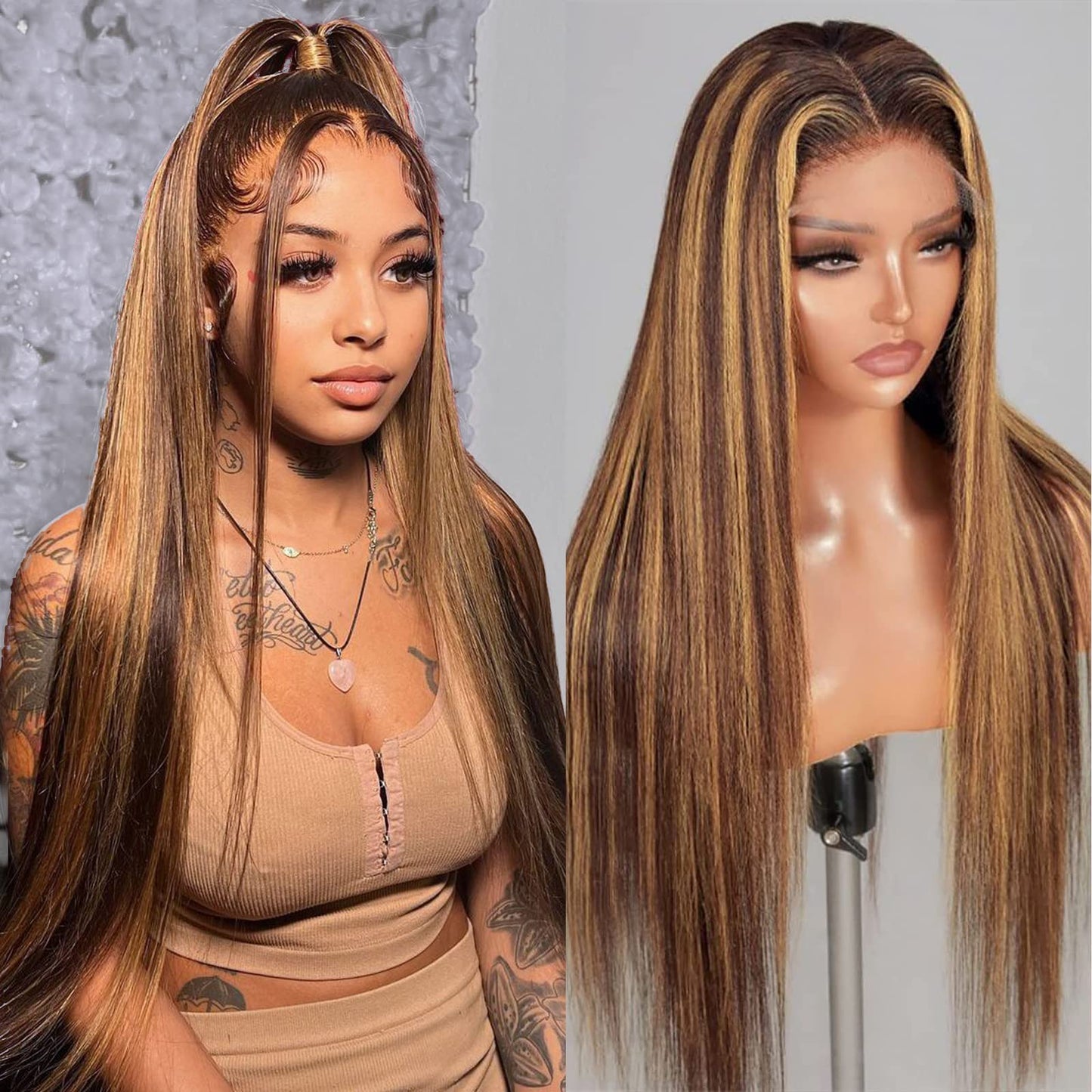 Clong Highlight Ombre Lace Front Wig Human Hair, 13X4 Straight 4/27 Honey Blonde Hd Lace Front Wig Human Hair Pre Plucked 150% D