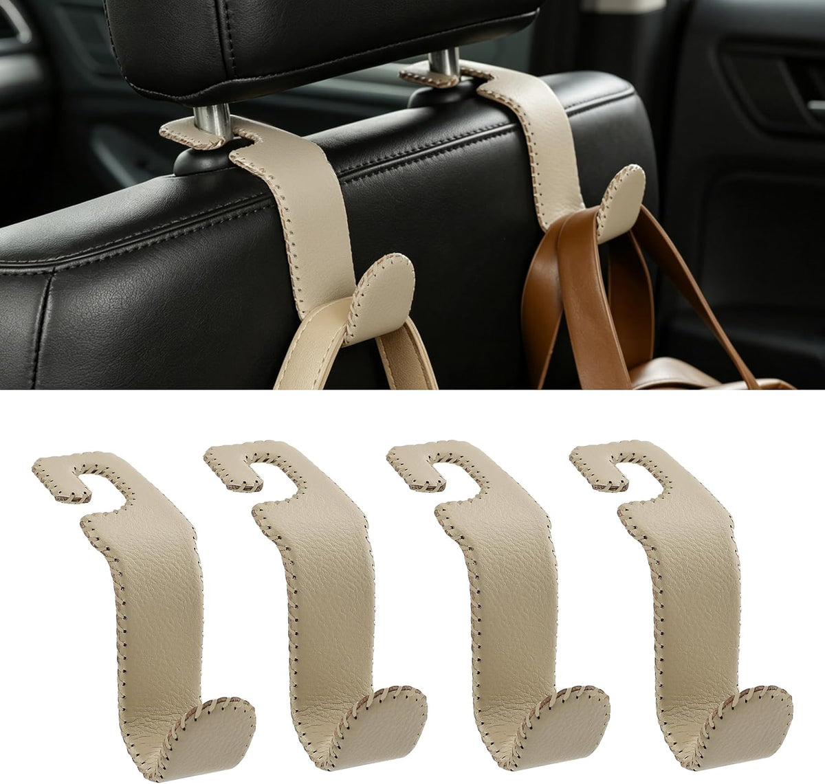 Car Seat Headrest Hook Heavy Duty 55lb Metal Hanger with Leather for Bags