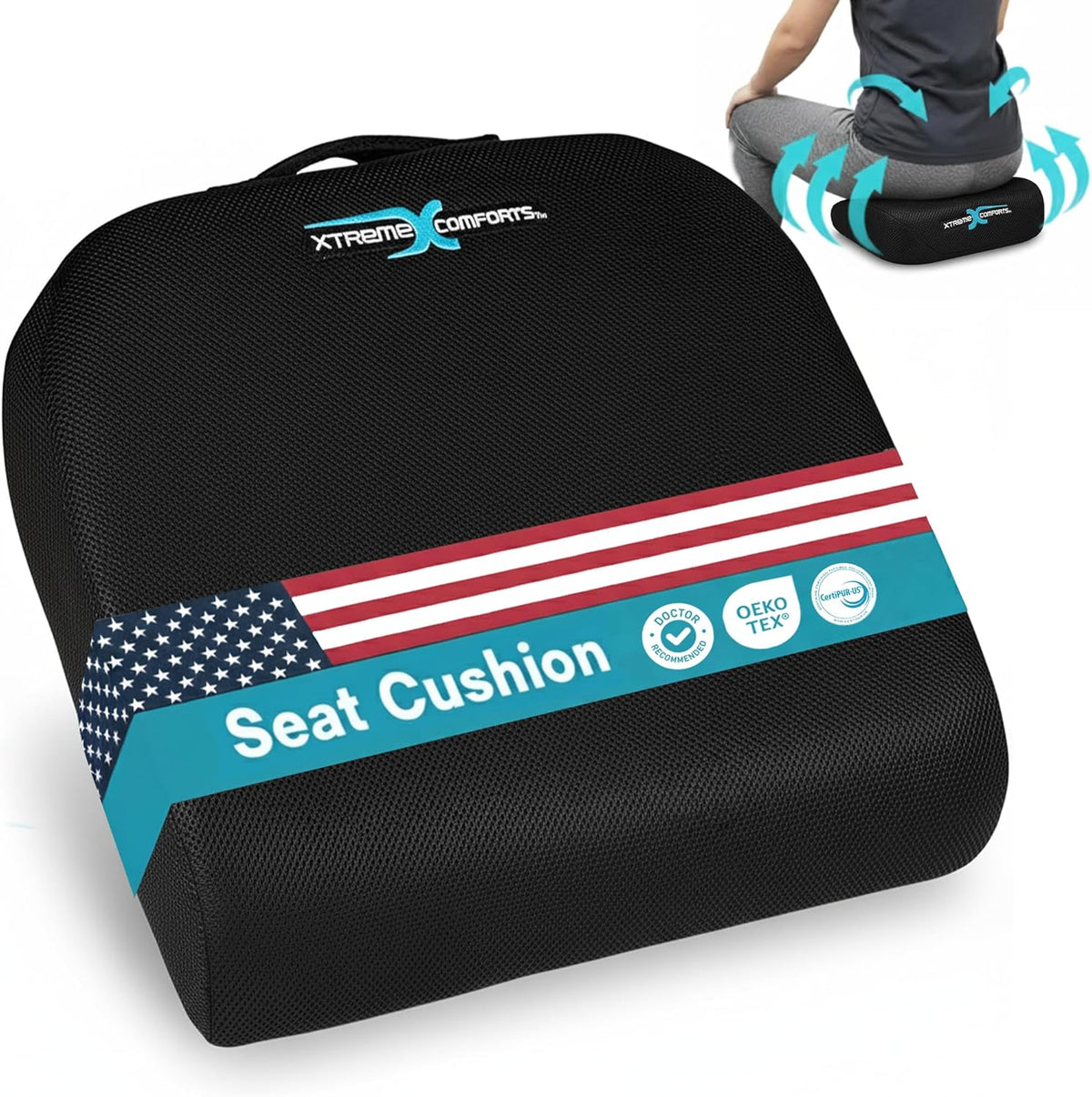 Xtreme Comforts Seat Cushions | Office Chair Cushions for Desk, Car, Wheelchair| Ergonomic Memory Foam Seat Cushion for Support & Comfort | Helps Improve Sitting Posture for Work & Body Relief (1 Pc)