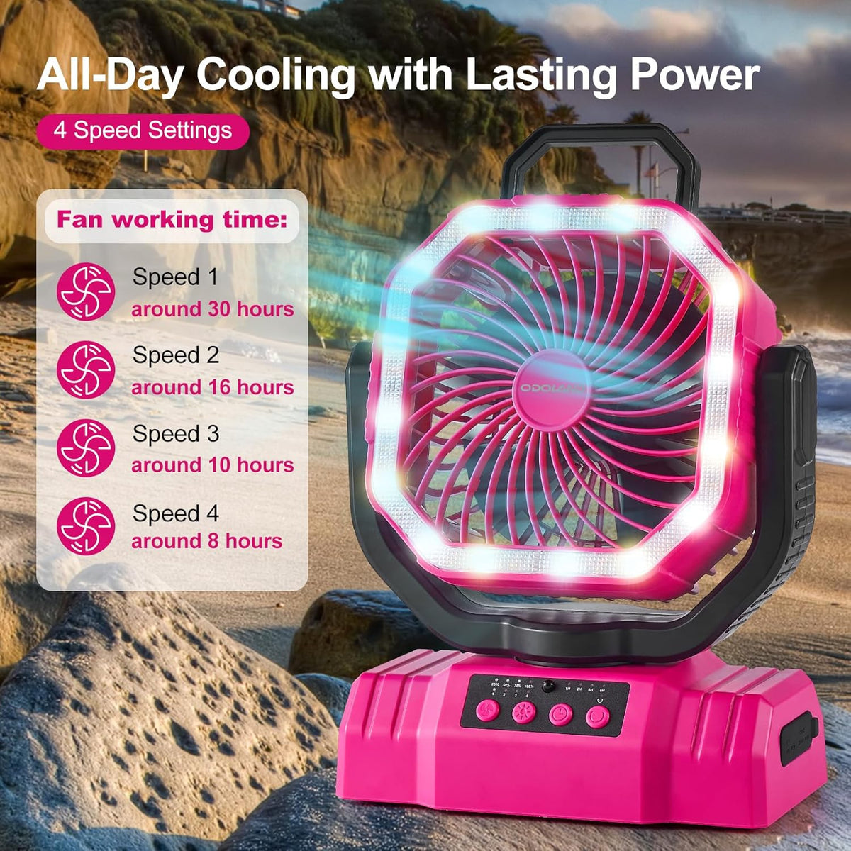 Odoland Portable Camping Fan - 20000mAh Rechargeable Battery, LED Lantern, 360° Rotation, Pink