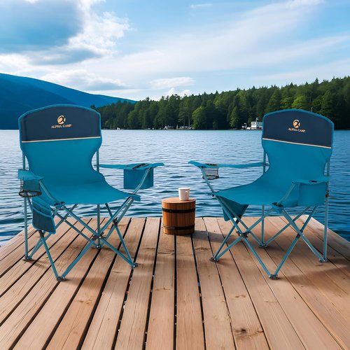 ALPHA CAMP Heavy-Duty Camping Chairs - 350LBS Capacity with Cooler Bag & Cup Holder | Portable Black 2PC Set