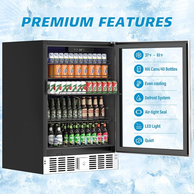 Erivess 24" Fridge 166 Can Wine and Beverage Refrigerator Cooler Glass Door | 5.3 Cu Ft Drink Fridge Large Capacity for Home/Bar with LED Display, Digital Temperature Control, Removable Shelves, Silver