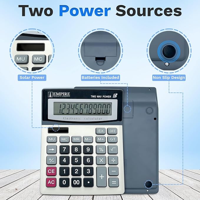 Empire Desk Calculator with Large Key Buttons, 12-Digit Large Eye-Angled Display