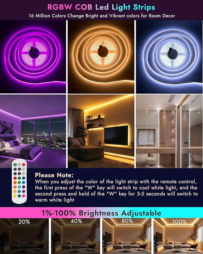 INDARUN RGBW COB Led Light Strip 32.8FT/10M, 12mm Flexible Led Tape Light 6720LEDs, 24V/8A, COB Led Light 3000K/5000K Dimmable, Bright Smart Led Strip Lights for Bedroom, TV Backlight