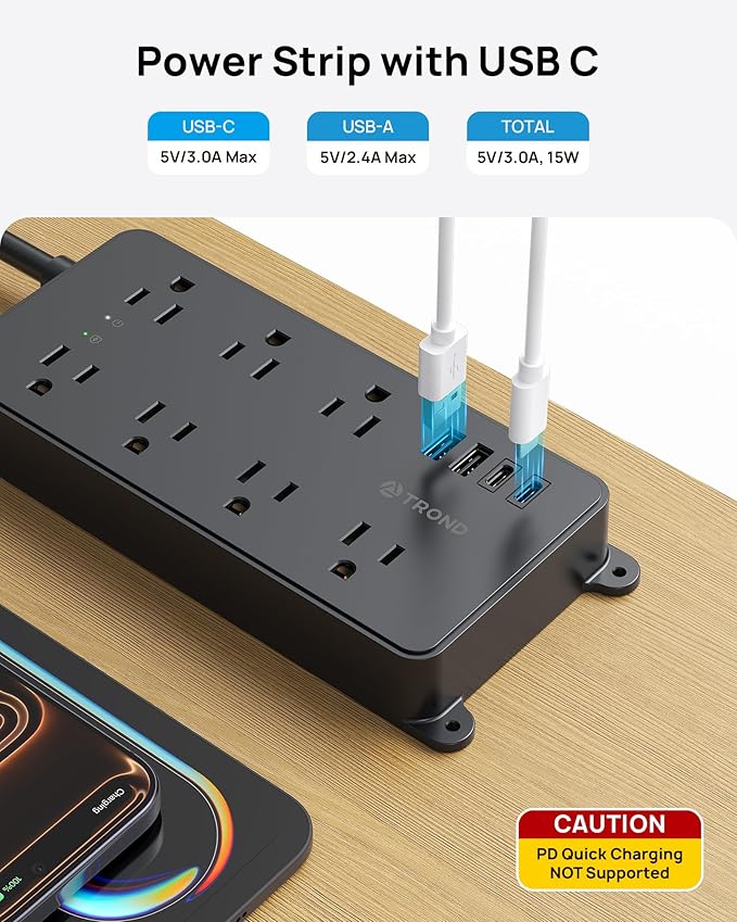 TROND Power Strip Surge Protector 10ft, ETL Listed, Flat Plug Extension Cord with 2 USB-A & 2 USB-C, Wall Mountable, 7 Widely-Spaced Outlets, 1700J, for Home Office Garage, Black