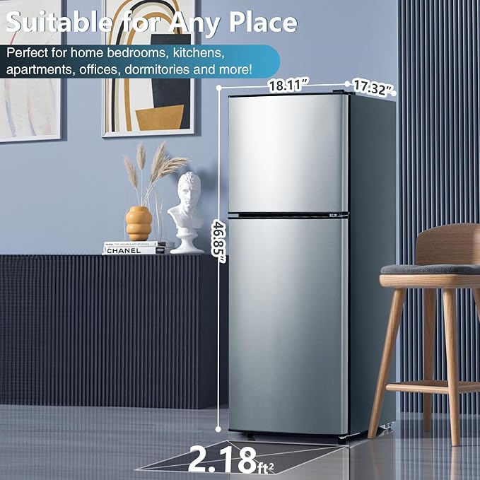 5.0 Cu.Ft 2 Door Apartment Size Refrigerator with Freezer Combo | Mini Fridge with Freezer 7 Settings Temperature Adjustable Stainless for Kitchen, Dorm, Office