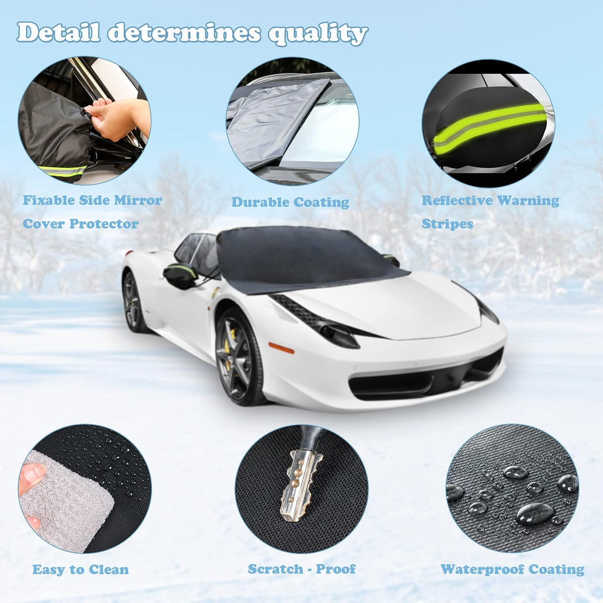 Xgunion Car Windshield Snow Cover for Ice and Snow- Durable 600D Oxford Fabric with Side Mirror Covers Ice Scrapers Waterproof Windproof Dustproof Windshield Covers Universal Fit for Most Vehicle