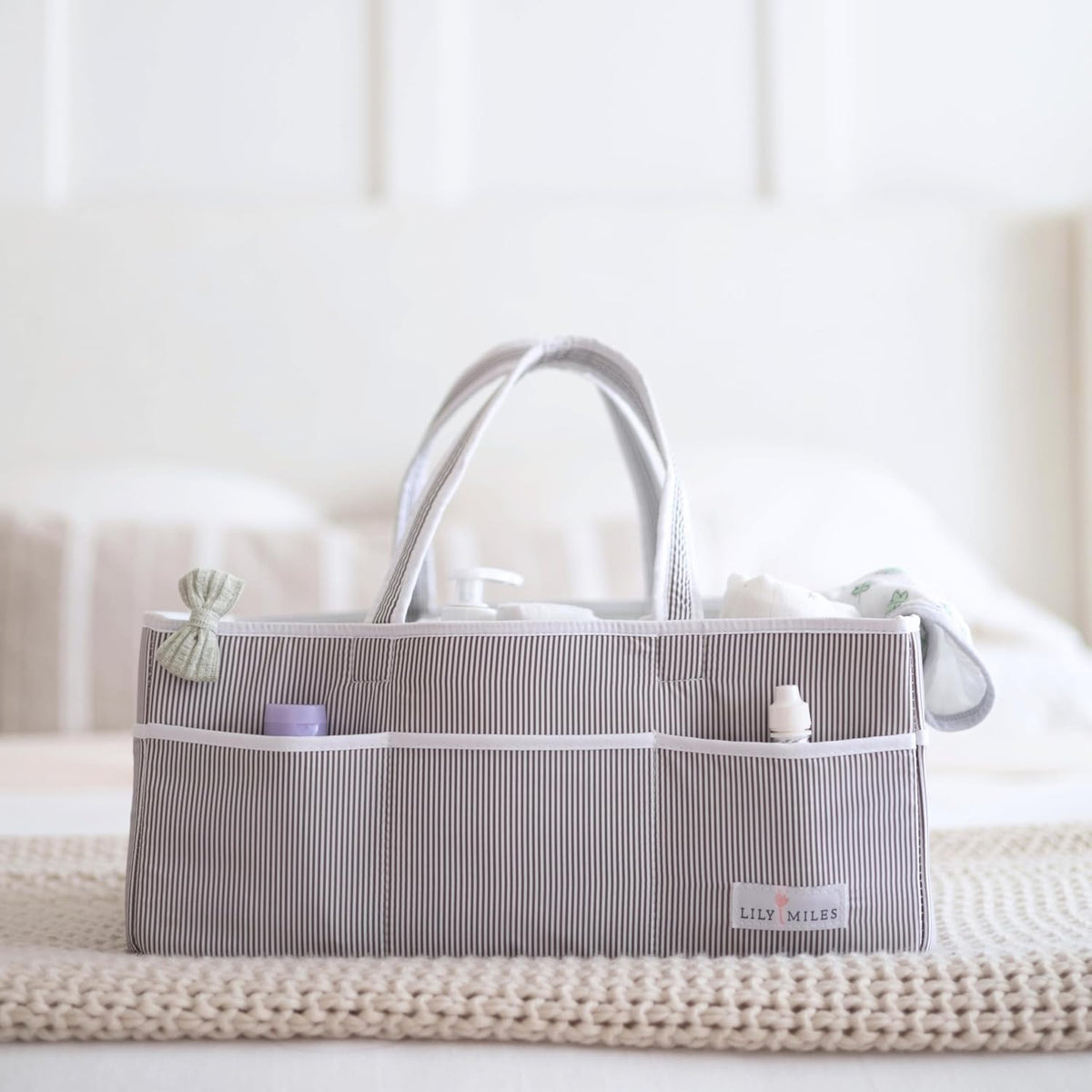 Lily Miles Baby Diaper Caddy - Organizer Tote for Infant Boy or Girl - Baby Shower Basket - Nursery Must Haves - Registry Favorites - Newborn Caddie Car Travel - Gray/Mint, Extra Large