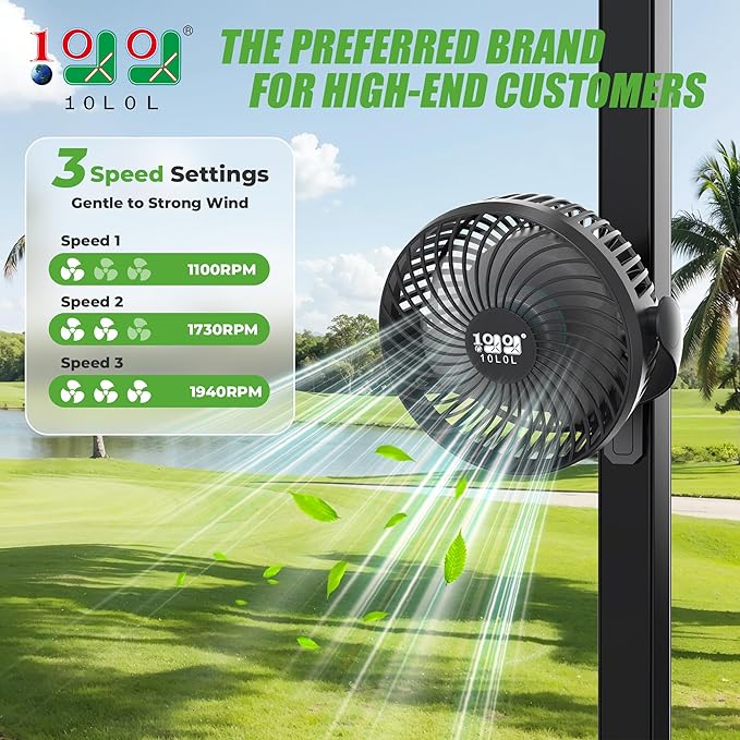 10L0L Golf Cart Fan with Magnetic Mount & 56Hrs Runtime - 8000mAh Battery, 3-Speed Cooling, Built-in LED Light, Power Bank Function - Stable ABS Design for All Golf Carts