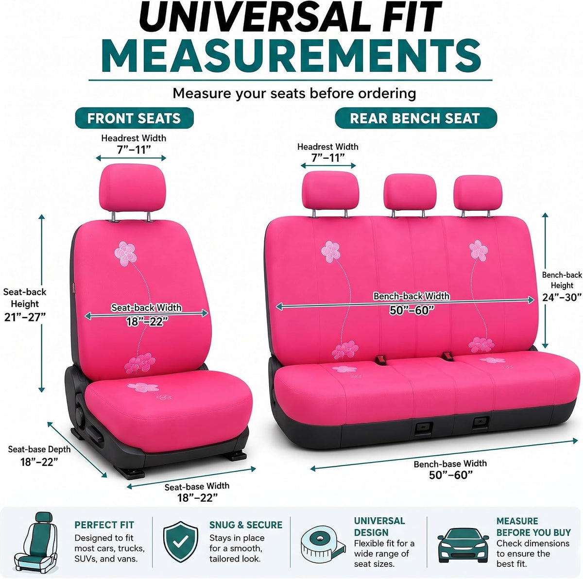 FH Group Full Set Cloth Car Seat Covers - Low Back Front Seat Covers, Universal Fit, Airbag Compatible, Split Bench Rear Seat, Washable Seat Cover for SUV, Sedan, Van, Pink