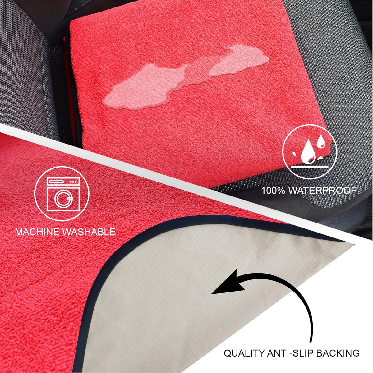 Sweat Towel Car Seat Cover Protector Front Seats for Gym Workout, Running, Swimming, Beach and Hiking, Waterproof Universal Seat Cover for Car, Trucks, Van & SUV (1, Pure Red, Rear Seat)