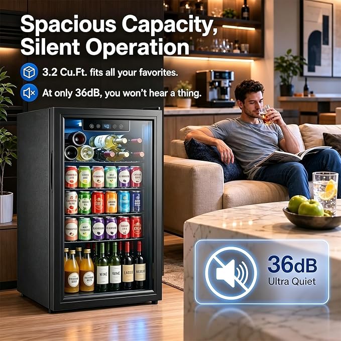 Beverage Refrigerator, 3.2 Cu.Ft Mini Fridge with Glass Door & Air Cooling, and Electronic Temperature Control for Beer, Wine, Soda, Compact Drink Fridge for Home, Office, Bar (3.2 Cu.Ft)