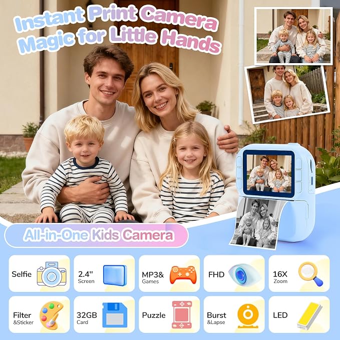 Kids Camera Instant Print with Color & Black-White Printing, 1080P HD Digital