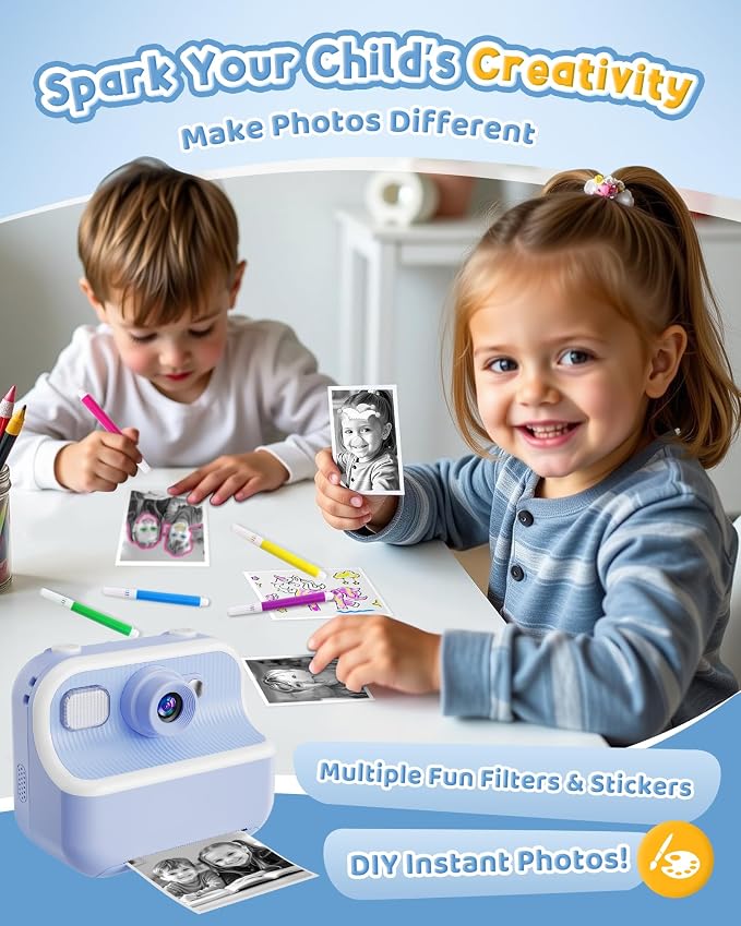 Instant Camera, Front Rear Dual Selfie Kids Camera