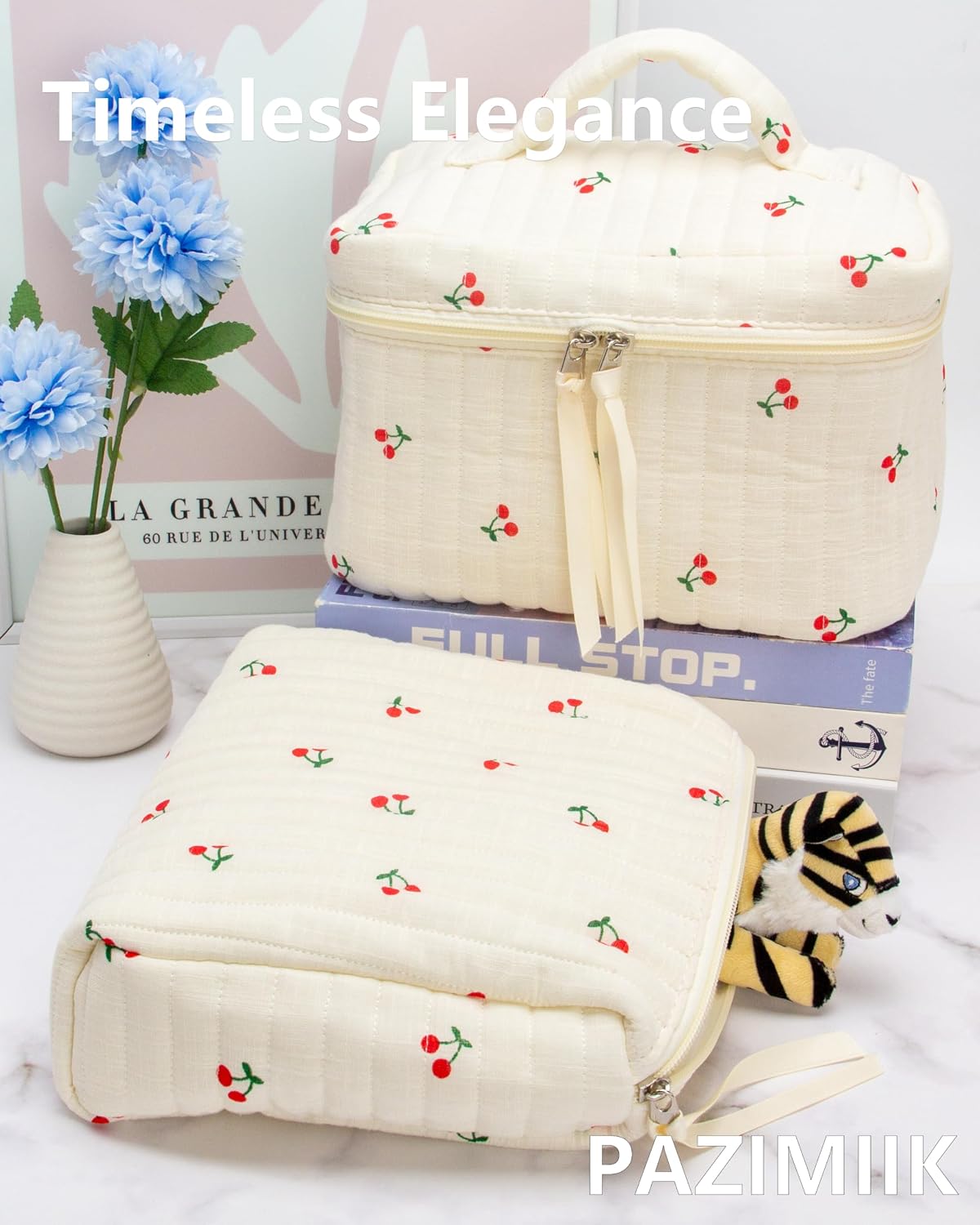 Quilted Makeup Bag for Women, Travel Cosmetic&Toiletry Bag,Cherry Beige