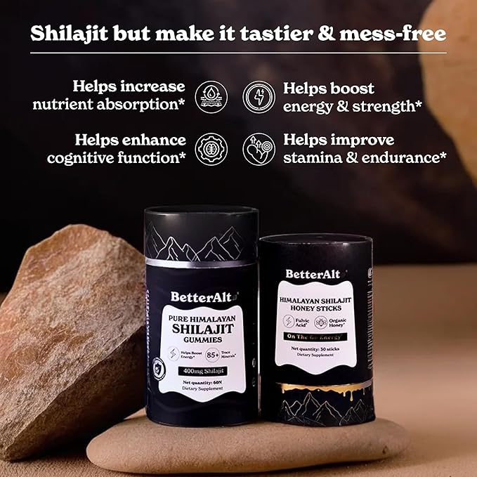 Ultimate Power Up Duo | Shilajit Gummies + Shilajit Gold+ Honey Sticks | 3rd-Party Lab Tested | 1 Month Pack - Helps Boost Energy