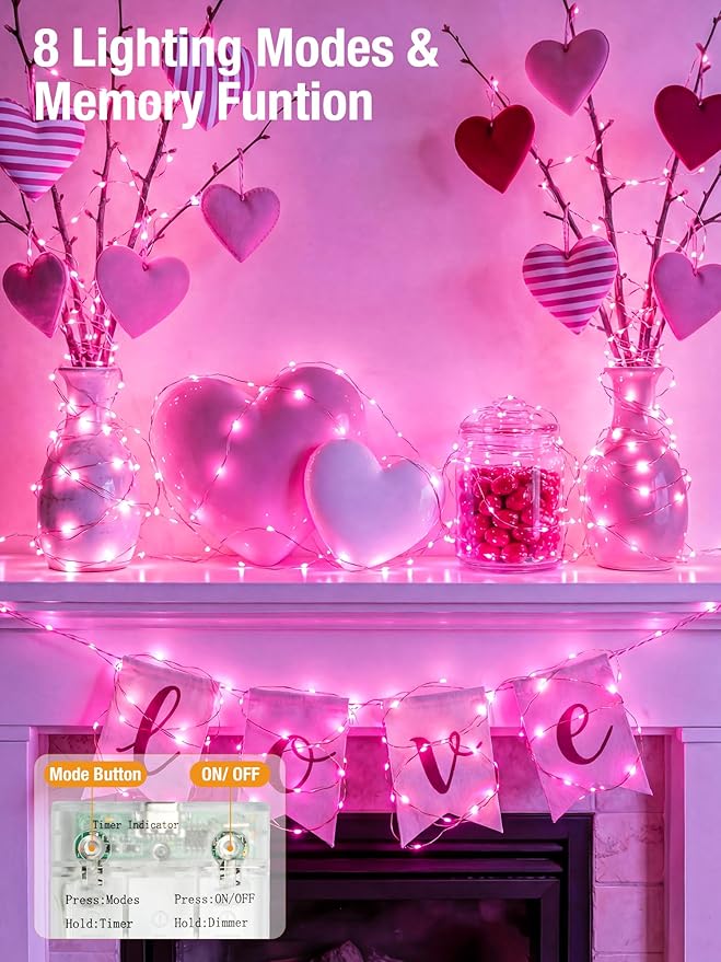btfarm 4 Pack Valentine's Day Pink Fairy Lights Battery Operated with Timer, 16.4 FT 50 LED Silver Wire Twinkle String Lights 8 Modes Dimmable Waterproof for Indoor Bedroom Wedding Decorations, Pink