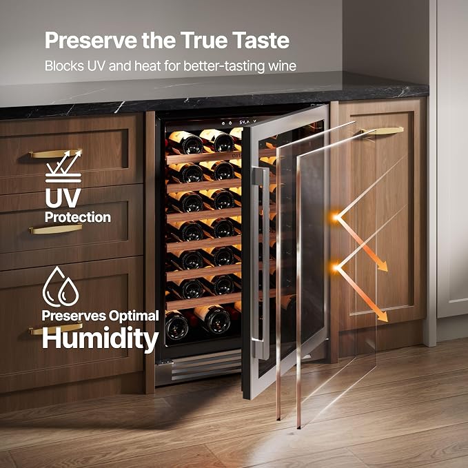Ca'Lefort 24 Inch Wine Fridge, 61 Bottle Under Counter Wine Cooler | 40-65°F Touch Control, Dual-Pane Glass Door, Adjustable Shelves, 3 Color LED, Built-In or Under Counter for Home Bar Kitchen