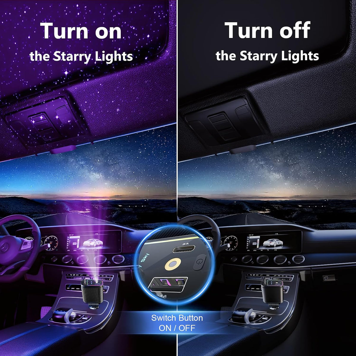 Retractable Car Charger with Starlight, 66W Starlight in Car roof 4 in 1 Retractable Car Phone Charger Adapter, Fast Charging USB C Cable, Compatible with iPhone 17/16/15/14/13/12