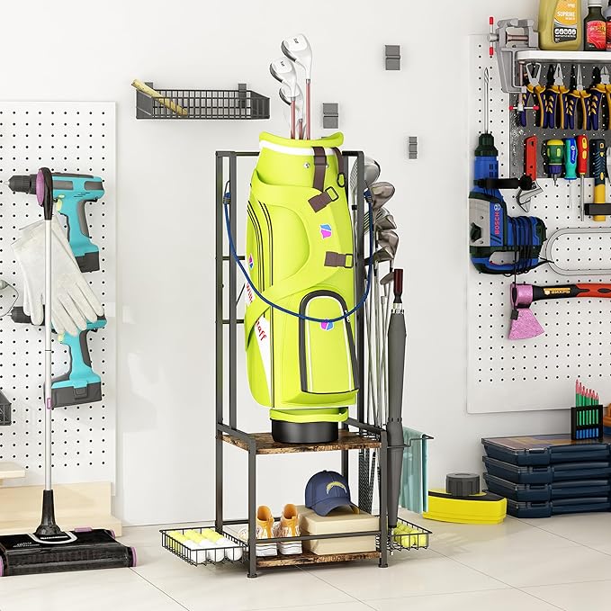 GILLAS Golf Bag Storage Garage Organizer, Golf Bag Stand Fit for 2 Golf Bags, Golf Equipment Accessories, Golf Bag Storage Rack with Wheels for Garage, Club, Shed, Basement