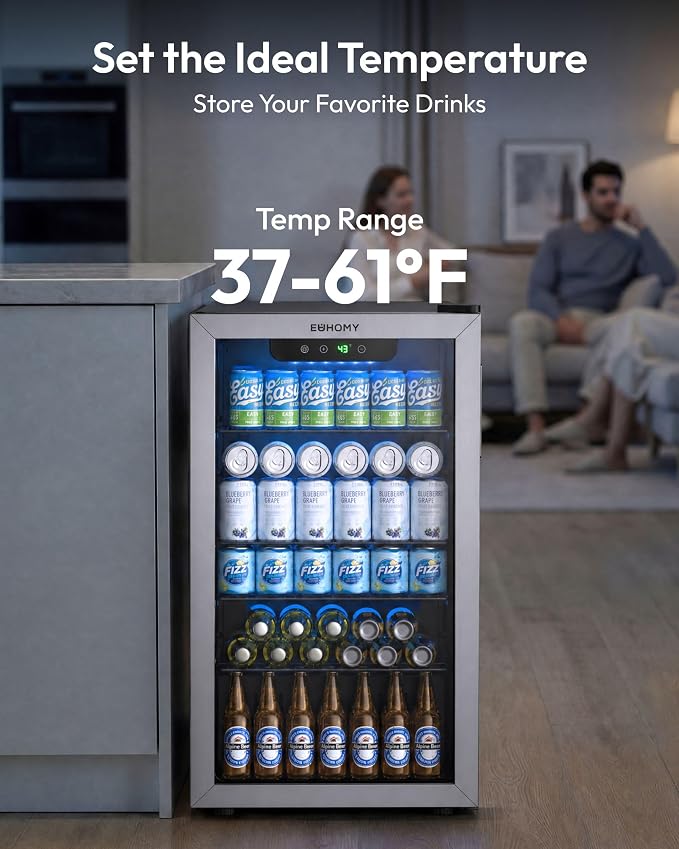 EUHOMY Beverage Refrigerator and Cooler, 128 Can Mini fridge with Glass Door, Small Refrigerator with Removable Shelves for Soda Beer or Wine, Perfect for Home/Bar/Office, Silver