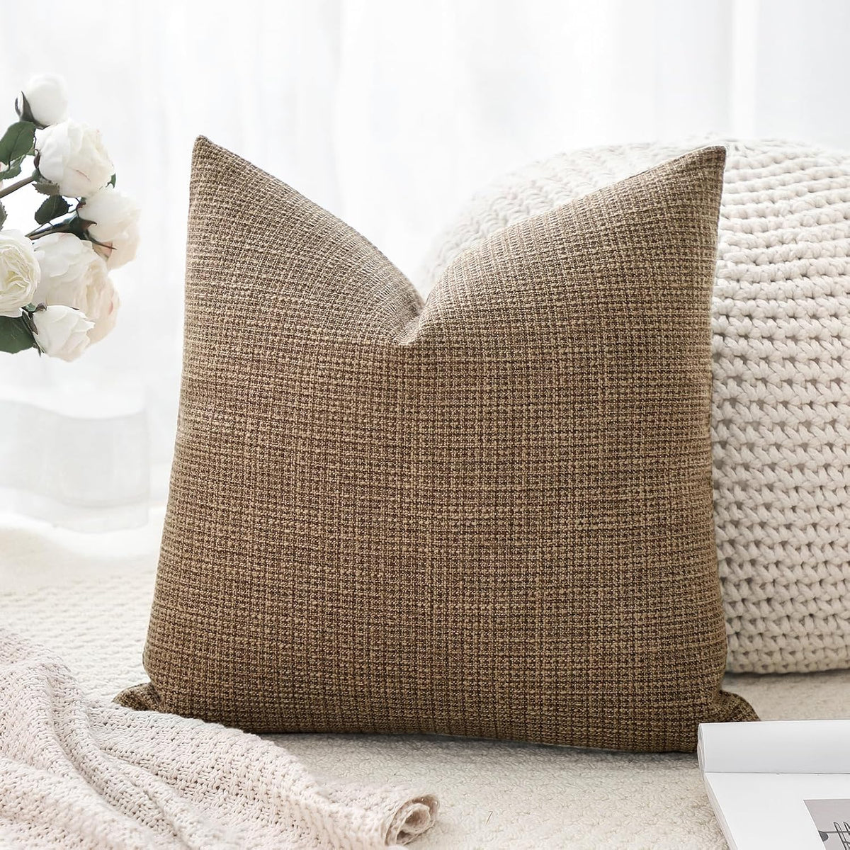 OTOSTAR Linen Throw Pillow Cover Set of 1 Decorative Square Pillowcases Cushion Covers 24x24 Inch for Home Decor Sofa Bedroom Car 60 x 60CM Brown