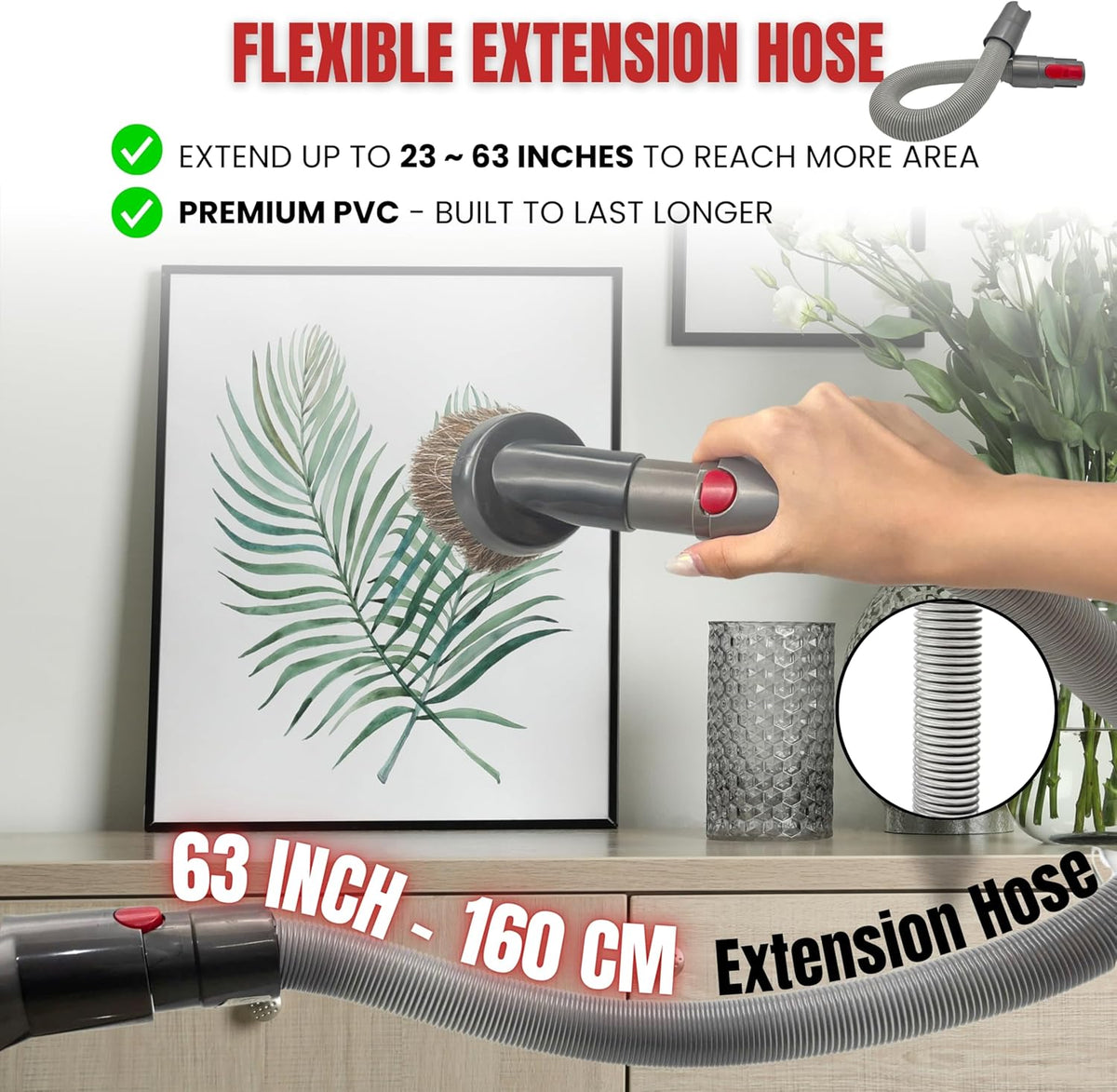 For Dyson Horsehair Vacuum Brush & Extension Hose - Compatible with Dyson V7 V8 V10 V11 V15 Gen5 - Soft Bristle Dusting Brush for Blinds, Furniture, & Delicate Surfaces