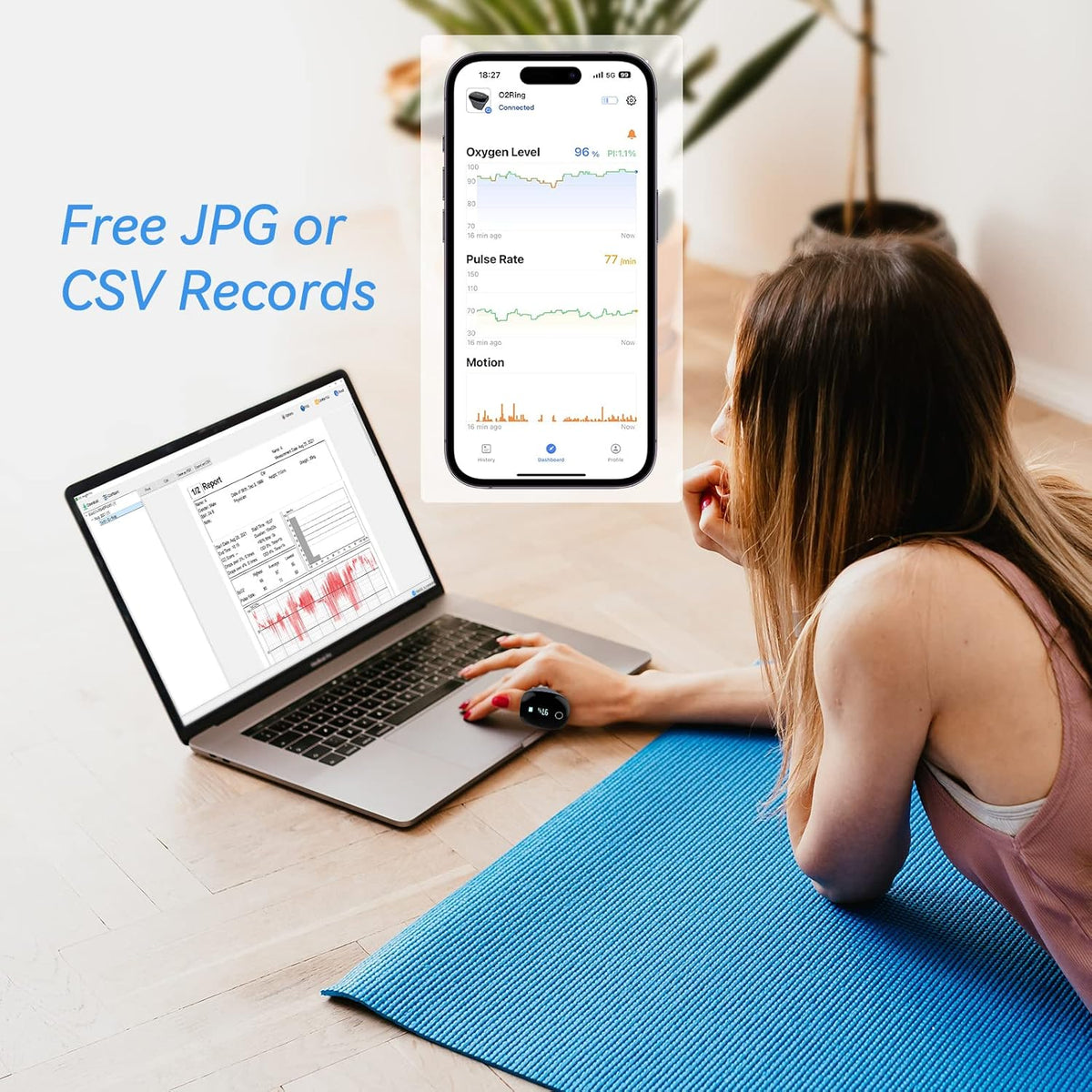 Wellue O2Ring Pulse Oximeter - Bluetooth Rechargeable Oxygen Monitor with Continuous Tracking & Free App