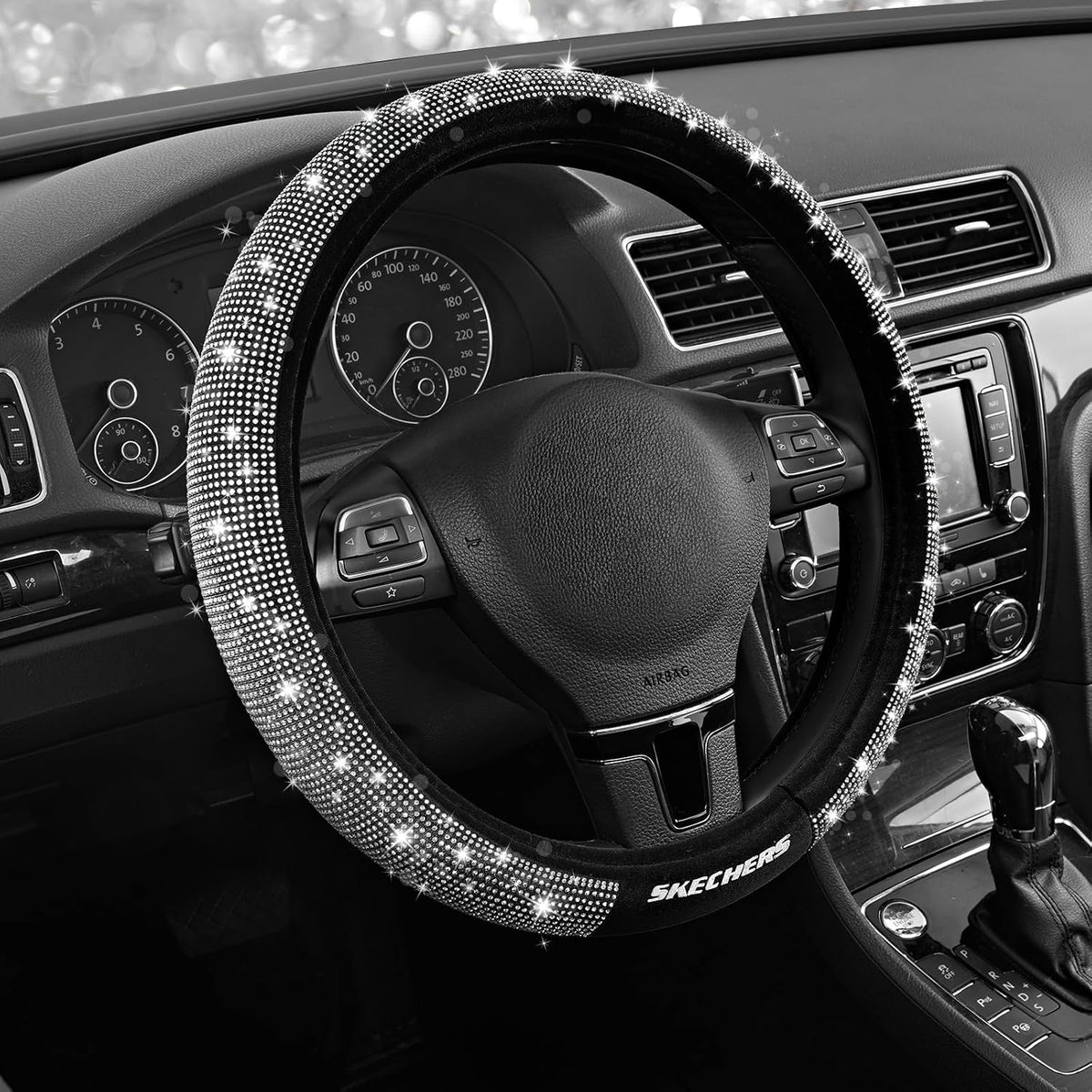 Skechers Women’s Bling Steering Wheel Cover, Velvet with Sparkly Crystal Rhinestones, Stylish Car Interior Gift, Universal Fit 14" 1/2-15" for Cars, SUVs, Trucks, Black Diamond