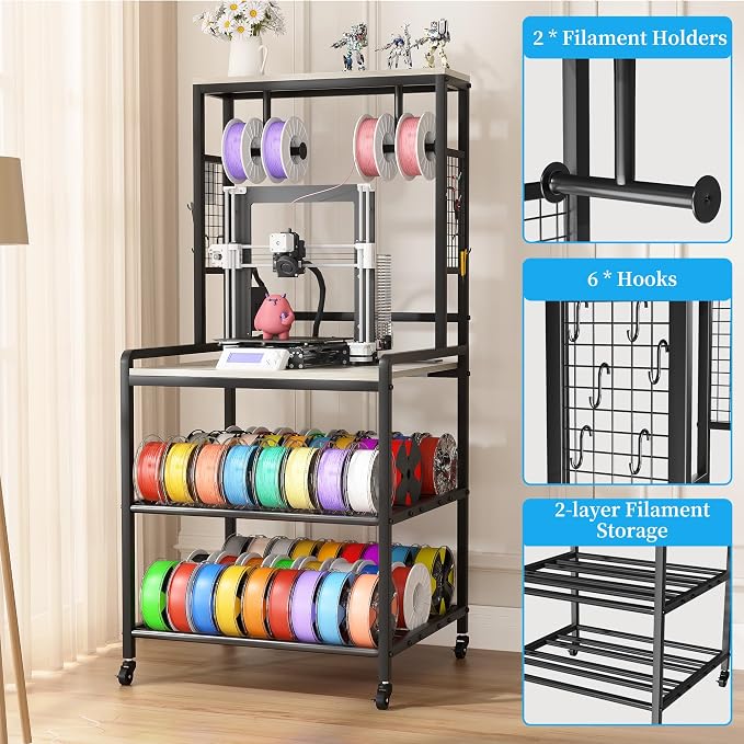 kepptory 3D Printer Stand with Power Outlet, Rolling Storage Cart w/Filament