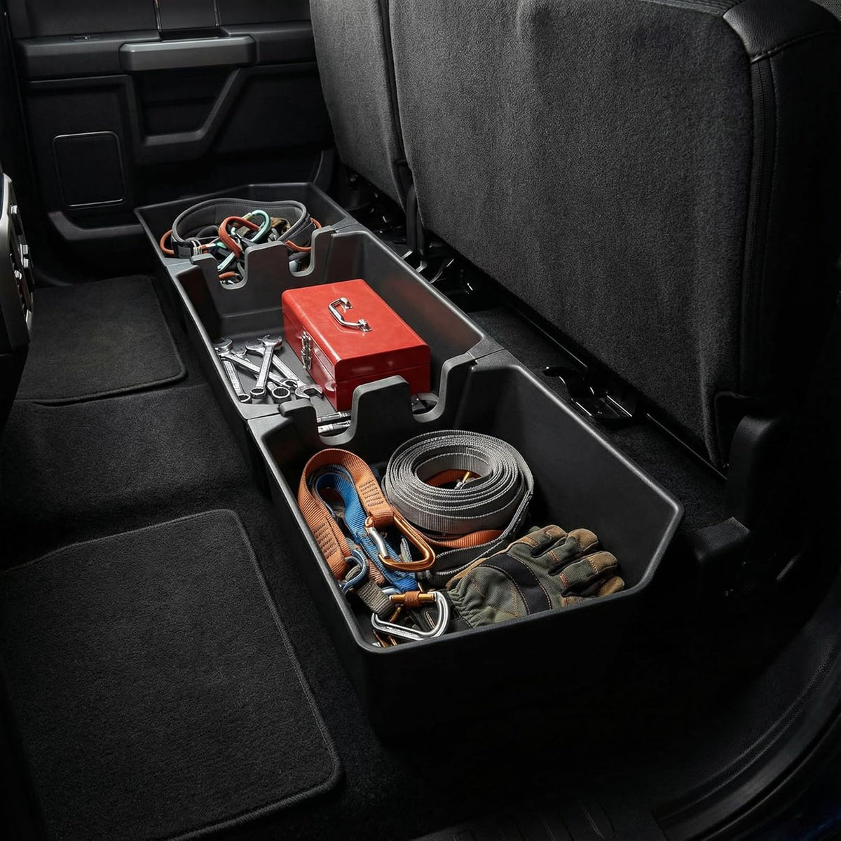 Rear Underseat Storage Box for 2015-2025 Ford F-150 &amp; 2017-2025 Ford F-250 F-350 F-450 F-550 Super Duty, Heavy-Duty Back Seat Organizer with Dividers, Non-Slip Waterproof Truck Under Seat Storage