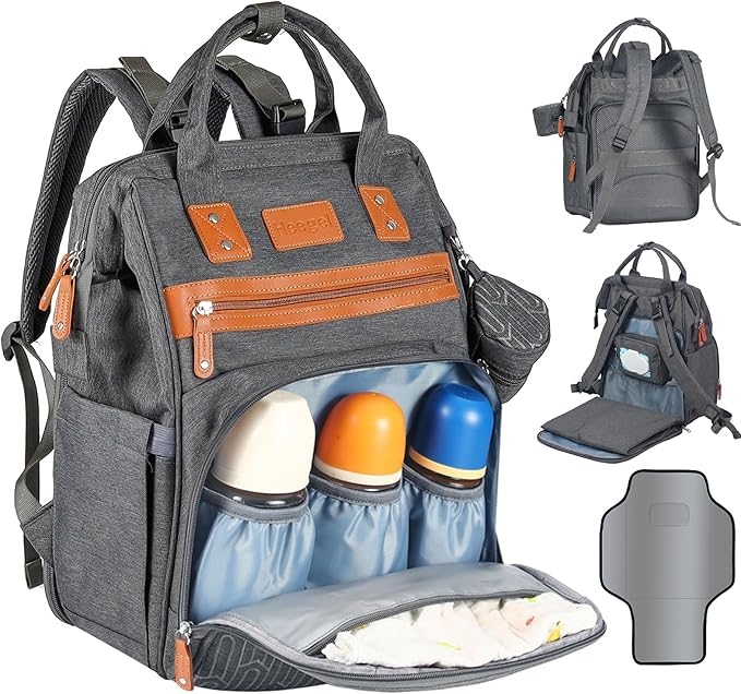 Diaper Backpack with Changing Pad, Baby Diaper Bag for Mom & Dad with Multipurpose Pockets, Large Stylish Baby Bag for Boy, Girl, Toddler (Dark Grey)