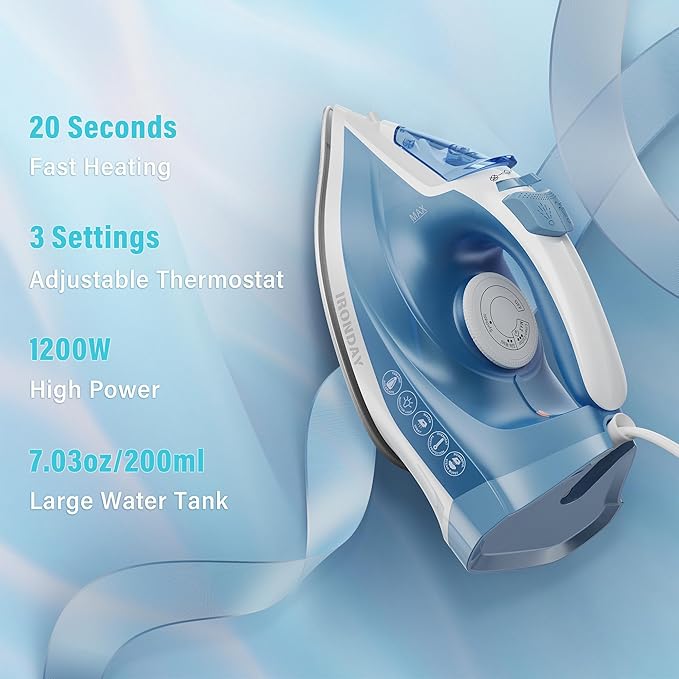 Steam Iron for Clothes Fast Heating, 1200W Iron with Non-Stick Ceramic Soleplate, Self-Cleaning, Burst of Steam, Spray Mist, 7.03oz Water Tank Ironing Clothes for Home, Blue