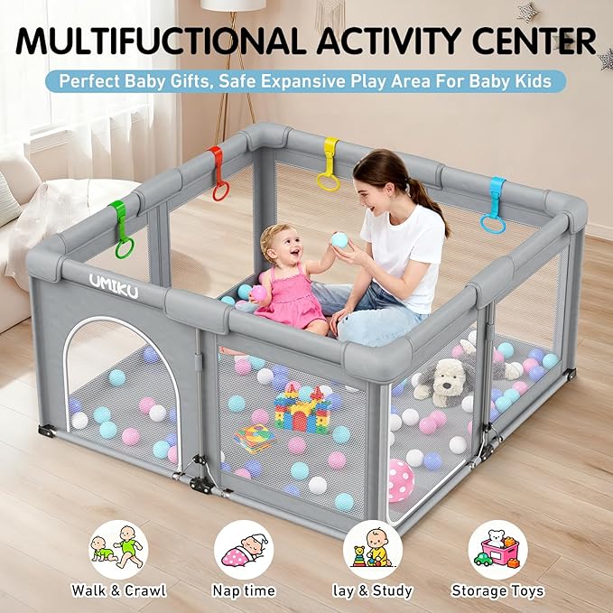 Baby Playpen Foldable Playpen for Babies and Toddlers, Large Playpens Portable Play Pen with 2 Doors Safety Area for Kid Fence Travel Indoor Outdoor Baby Boy Girl Gifts Newborn Essentials 50"X50" Grey