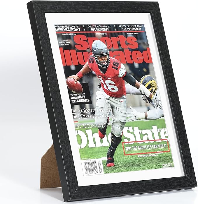 JupDec Sports Magazine Frame, Premium Wood Display Case for 8" x 10.5" Magazines, Wall Mount or Tabletop Stand, Layered Design with Positioning Mat, Perfect for Sports, Fashion & Home Decor, White