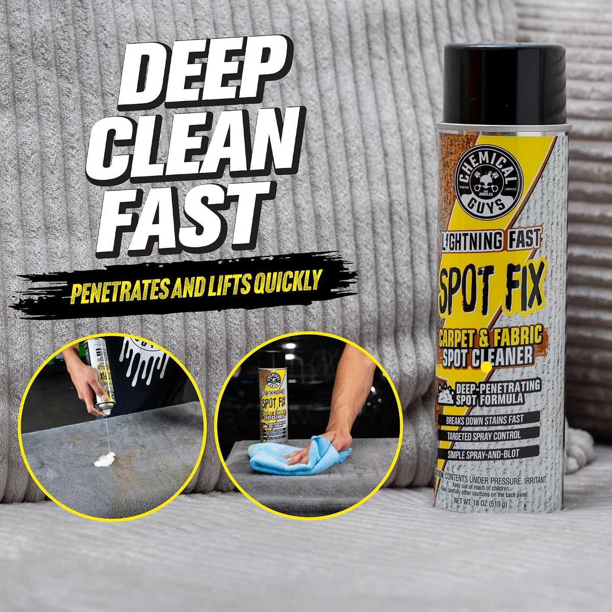 Chemical Guys Lightning Fast Carpet Spot Cleaner 18 oz Aerosol, Fabric Stain Extractor For Car Carpets, Seats, Floor Mats And Upholstery With Precision Spray Application