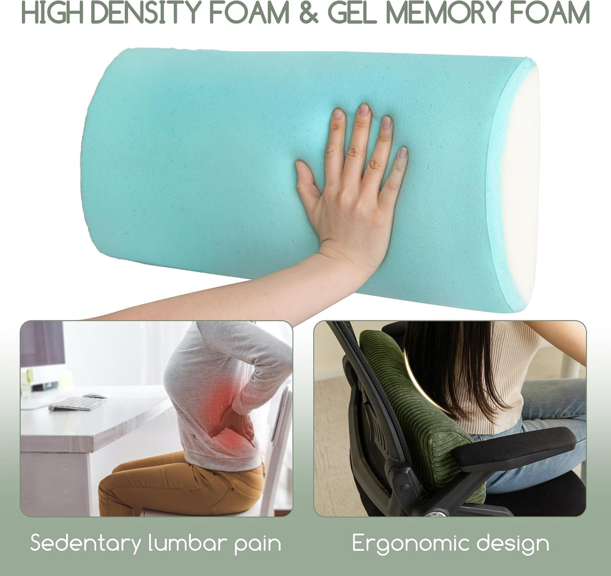 HIGOGOGO Lumbar Support Pillow for Recliner Chair/Accent Chair/Couch, Memory Foam Back Support Cushion for Elderly, Recliner Cushions for Back Rest, Pain Relief, Reading, Washable Cover, Dark Green