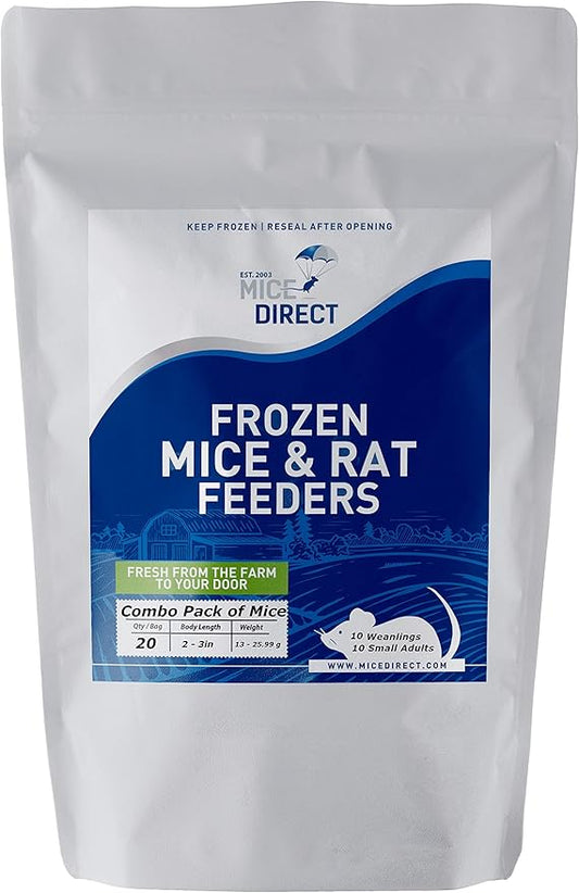 MiceDirect Frozen Mice Combo Pack of 20 Weanling & Small Adult Feeder Mice – 10 Weanlings & 10 Small Adults - Food for Corn Snakes, Ball Pythons, & Pet Reptiles - Snake Feed Supplies