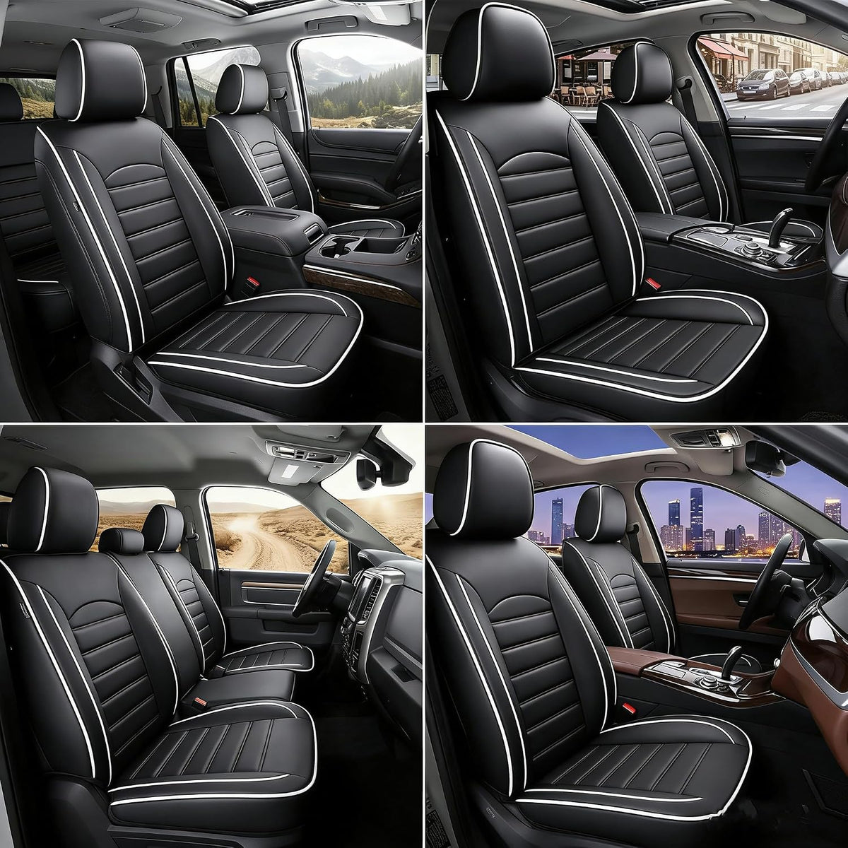 YQ Faux Leather Seat Covers Black White Universal 2 Row Anti-Slip Full Set