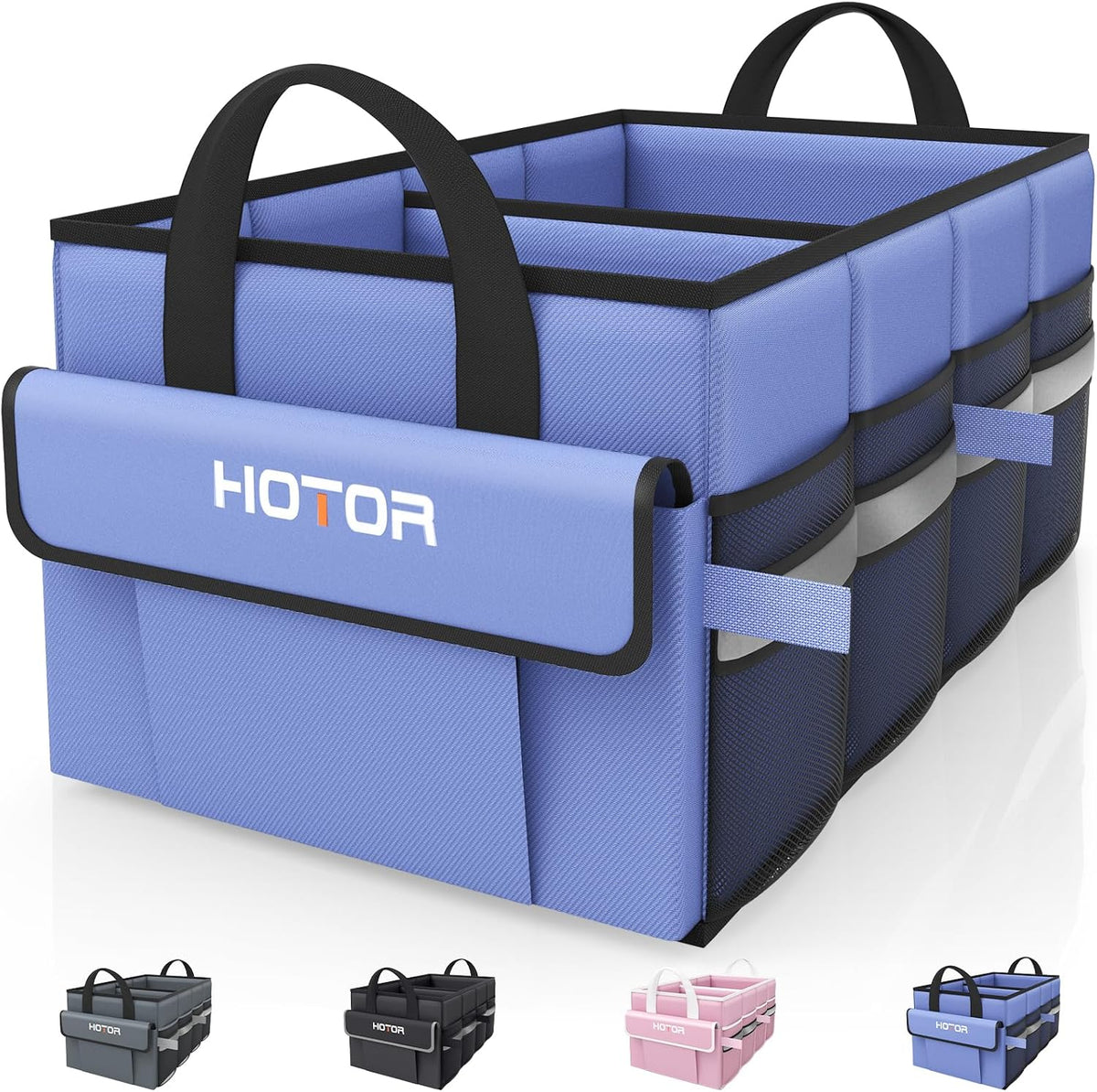 HOTOR Trunk Organizer - Car Organizer with 5 Pockets, Trunk organizer for SUV, Sedan & Van, Car Organization with Sturdy Base Panel for Car Accessories, Blue, 2 Compartments, 21.3"×12.6"×10.6"