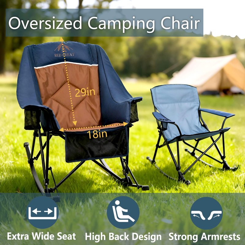 RED CREAT 400lbs Rocking Camping Chair, Oversized Heavy Duty XL Folding Rocker for Adults, Padded High Back Big & Tall Support, with Cup Holders & Carry Bag for RV, Lawn, Patio & Sports