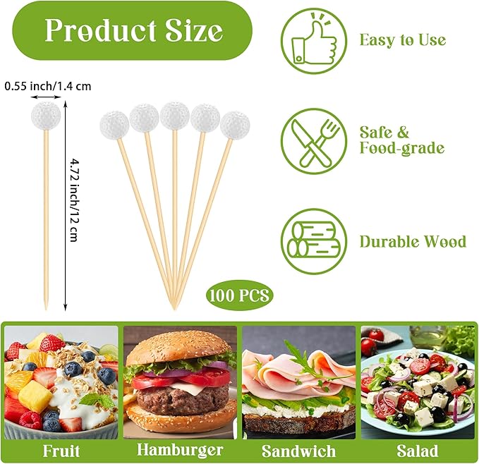 Aneco 100 Pieces Golf Cocktail Picks 4.72 Inch Golf Themed Toothpicks Sports Bamboo Fruit Sandwich Skewer Picks Decorative Toothpicks for Appetizers Cocktail Garnish Party Supplies Catered Events
