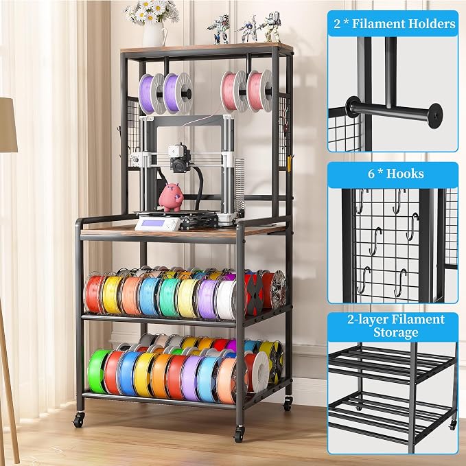 Kepproty 3D Printer Stand with Power Outlet, Rolling Storage Cart w/Filament