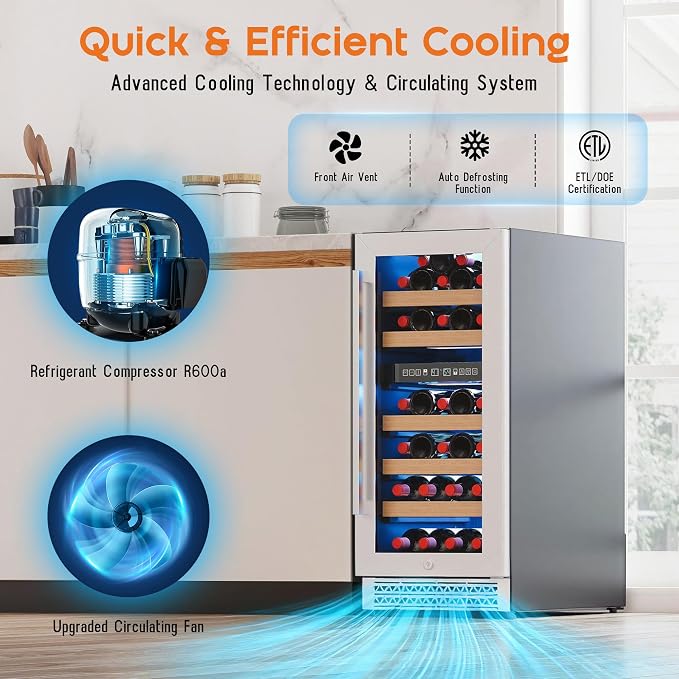 Albott 15 Inch Wine Fridge, Dual Zone 31 Bottle Wine Cooler | with Digital Temperature Control, Reversible Double-Layer Glass Door, Built-in or Freestanding Design for Home and Bar